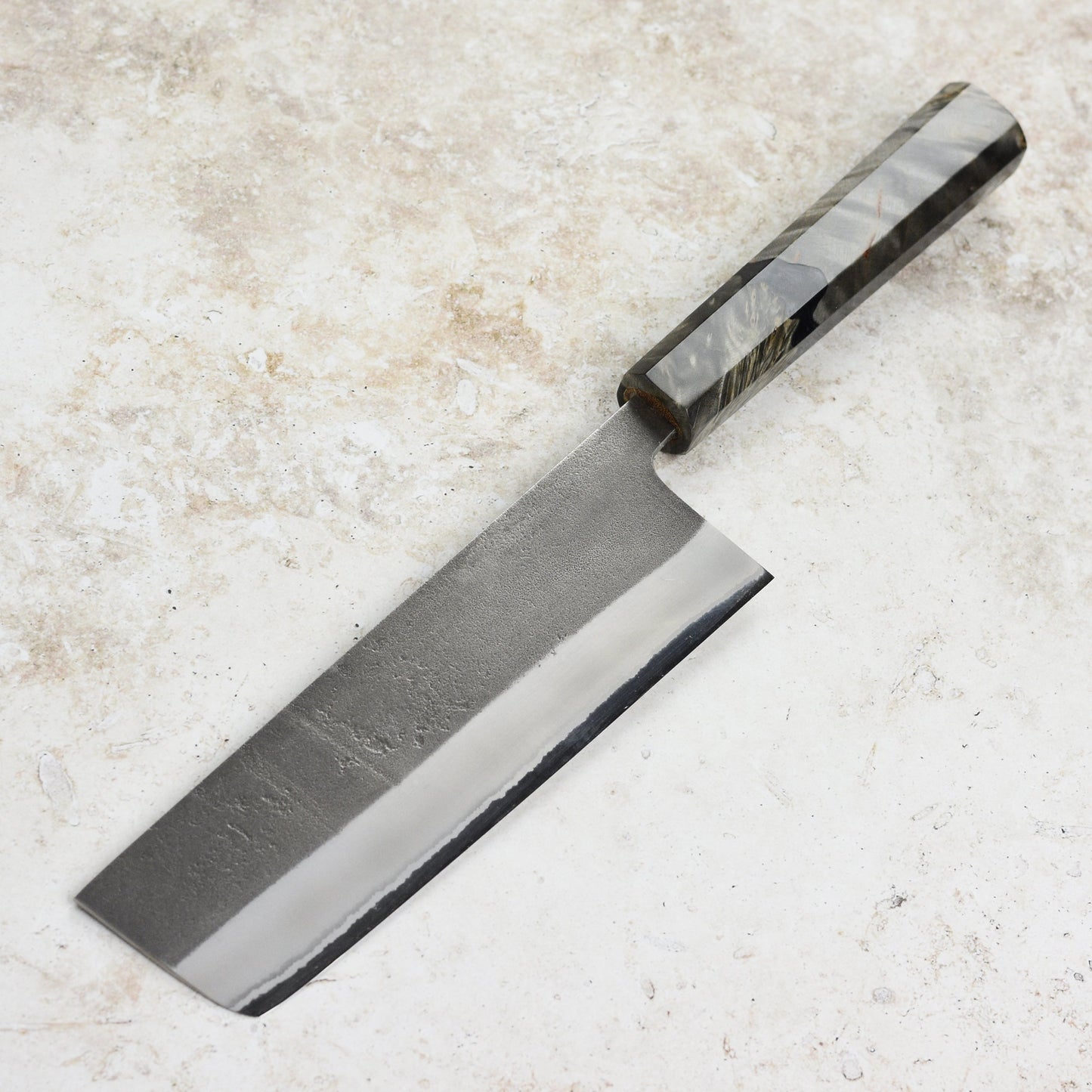 Yoshikane Shirogami #2 Kurouchi Stainless Clad 6.5" Nakiri, Stabilized Birch