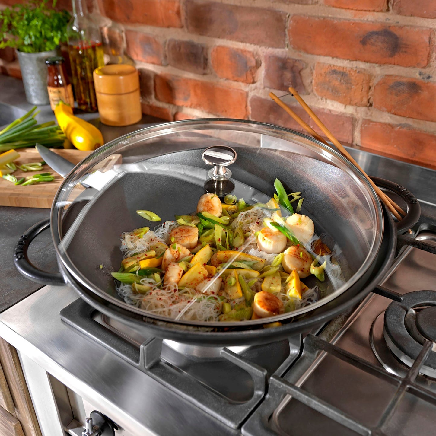 Staub 14" Matte Black Wok with Glass Lid