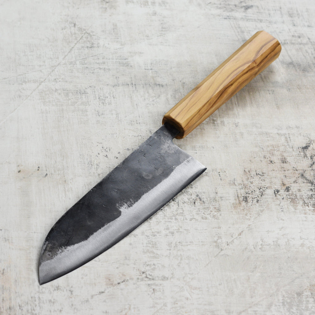 Hatsukokoro Kurogane Aogami #2 Kurouchi 6.5" Santoku, Olivewood