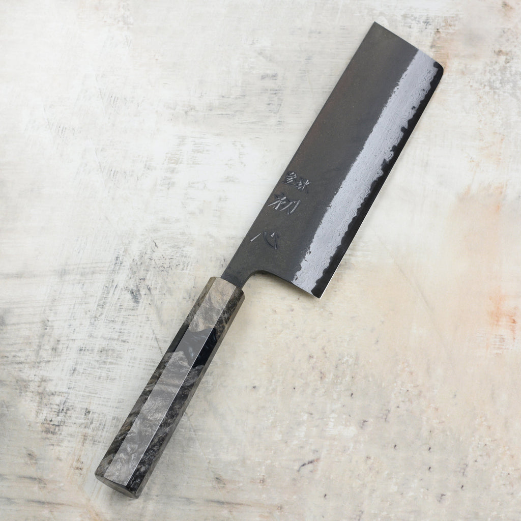 Hatsukokoro Shinkiro Aogami Super Kurouchi Damascus 6.5" Nakiri, Stabilized Birch