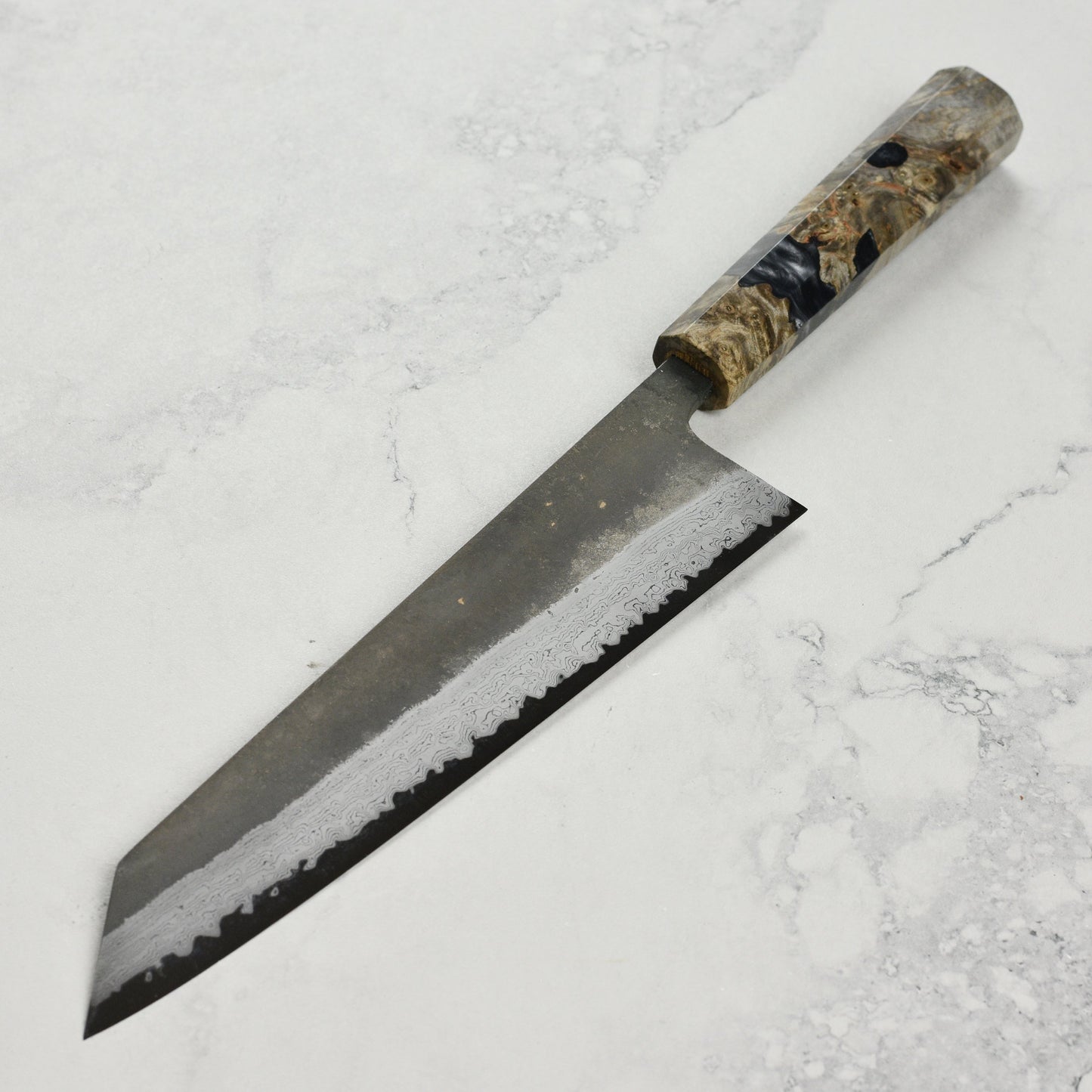 Hatsukokoro Shinkiro Aogami Super Kurouchi Damascus 9.4" Kiritsuke, Stabilized Birch
