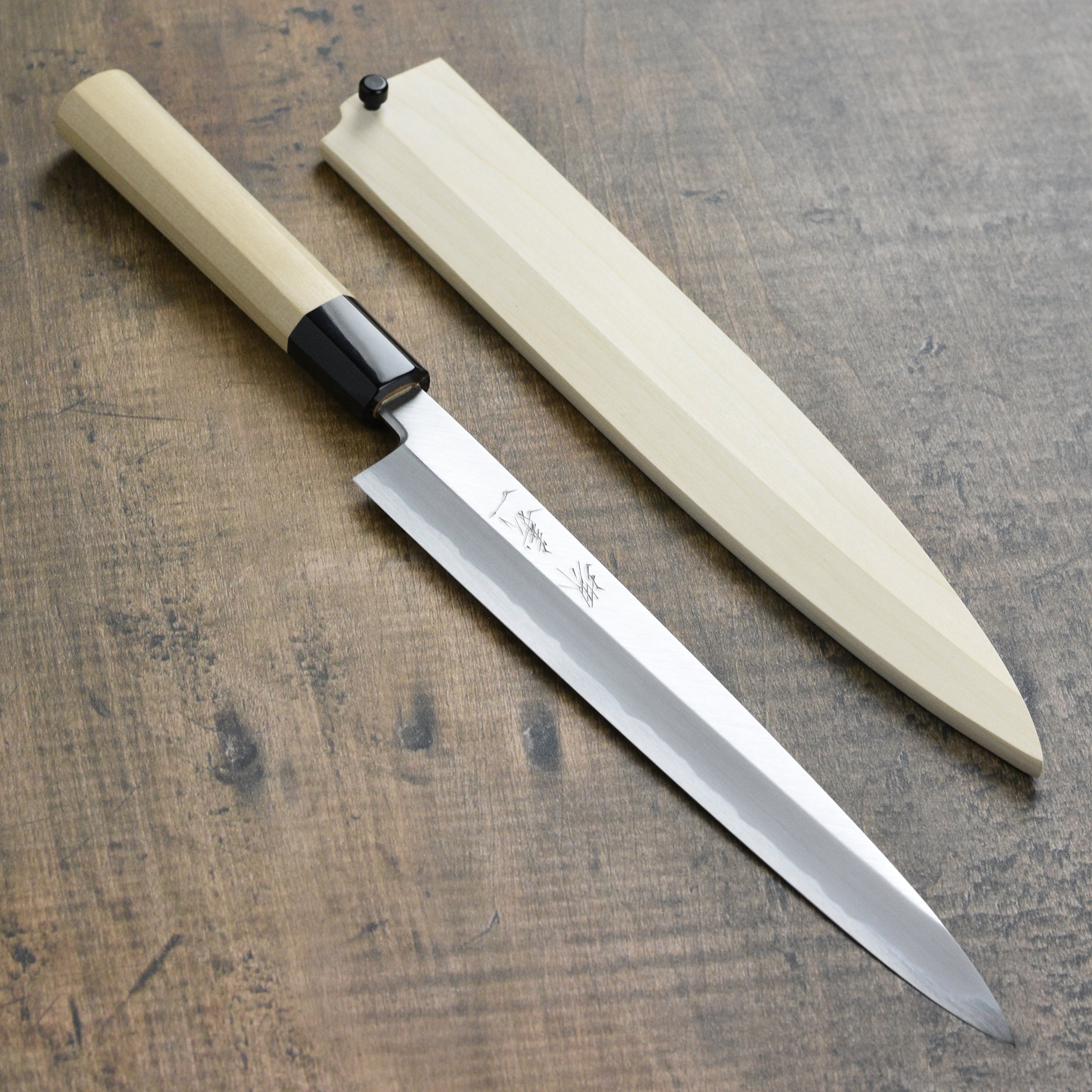 Ittetsu x Tanaka Shirogami #2 9.4" Hon-Kasumi Single Bevel Yanagiba with Saya