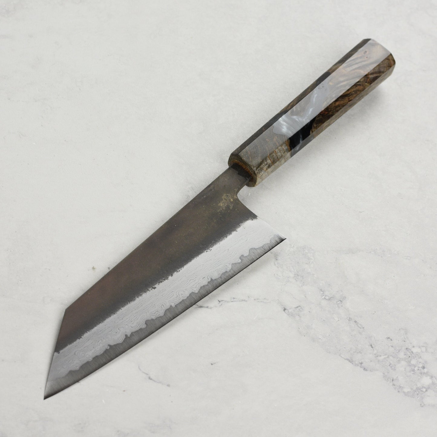 Hatsukokoro Shinkiro Aogami Super Kurouchi Damascus 6.5" Bunka, Stabilized Birch