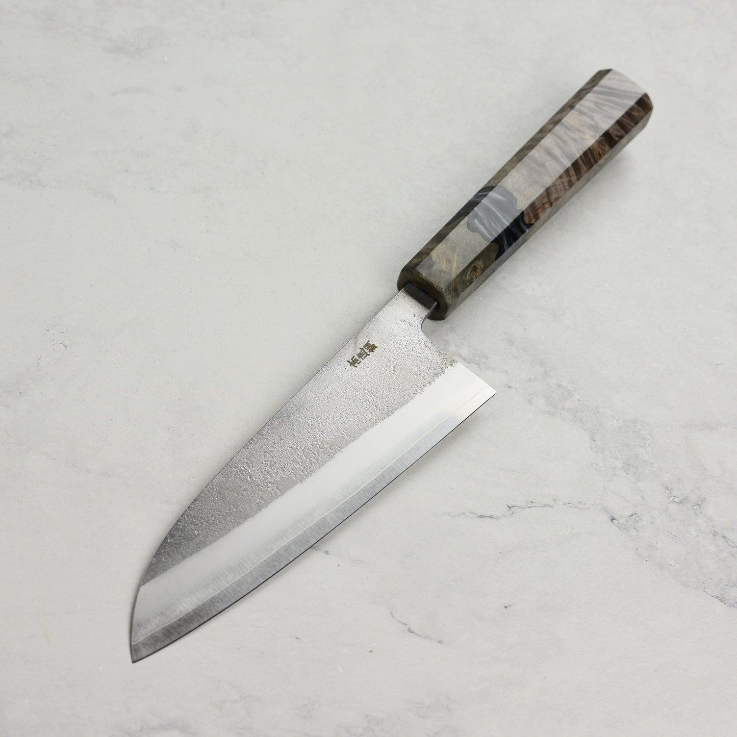 Yoshikane SKD Nashiji Stainless Clad 6.5" Santoku, Stabilized Birch