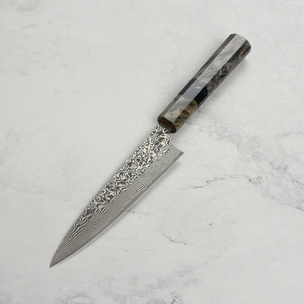 Saji SG2 Black Damascus 5.9" Petty, Stabilized Birch