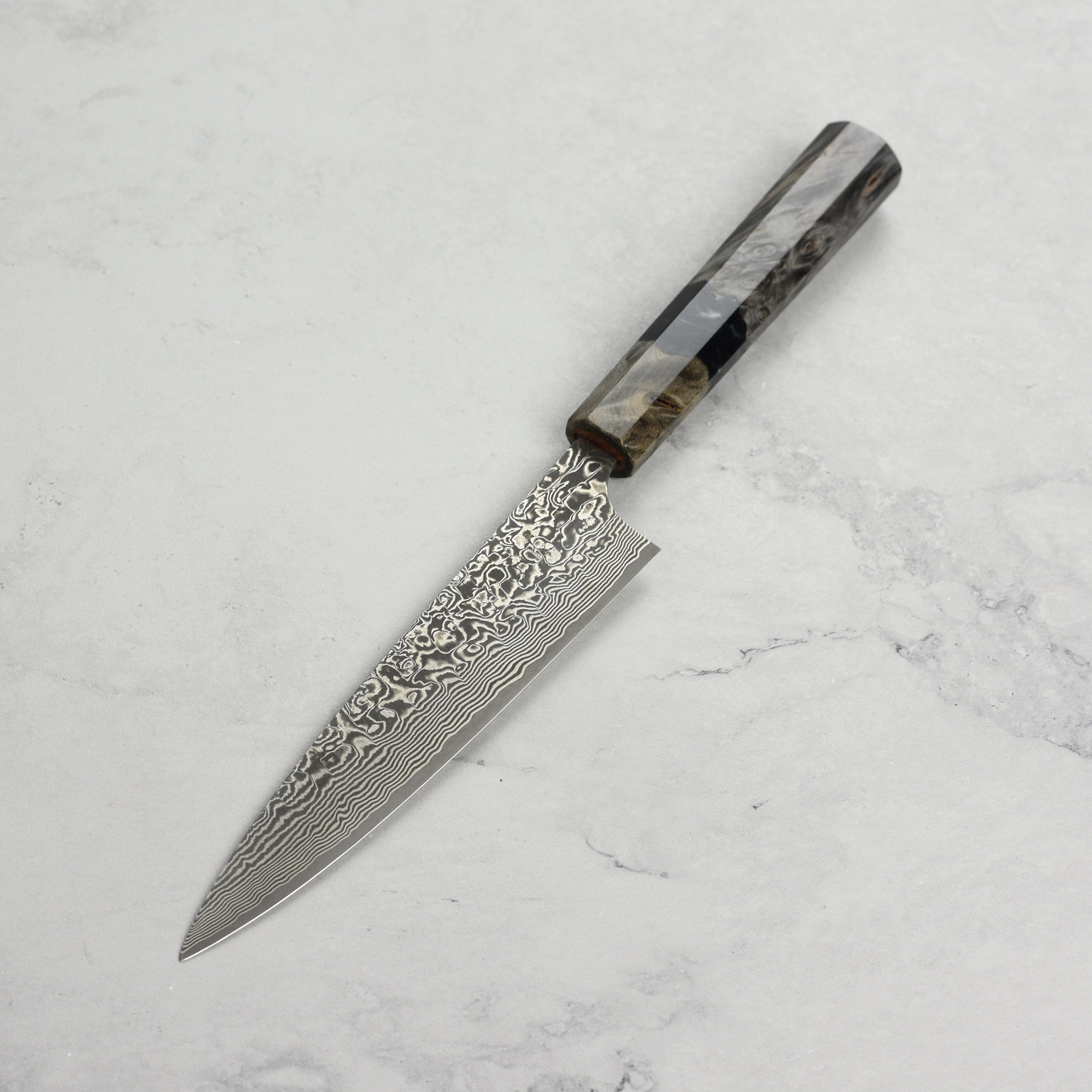 Saji SG2 Black Damascus 5.9" Petty, Stabilized Birch