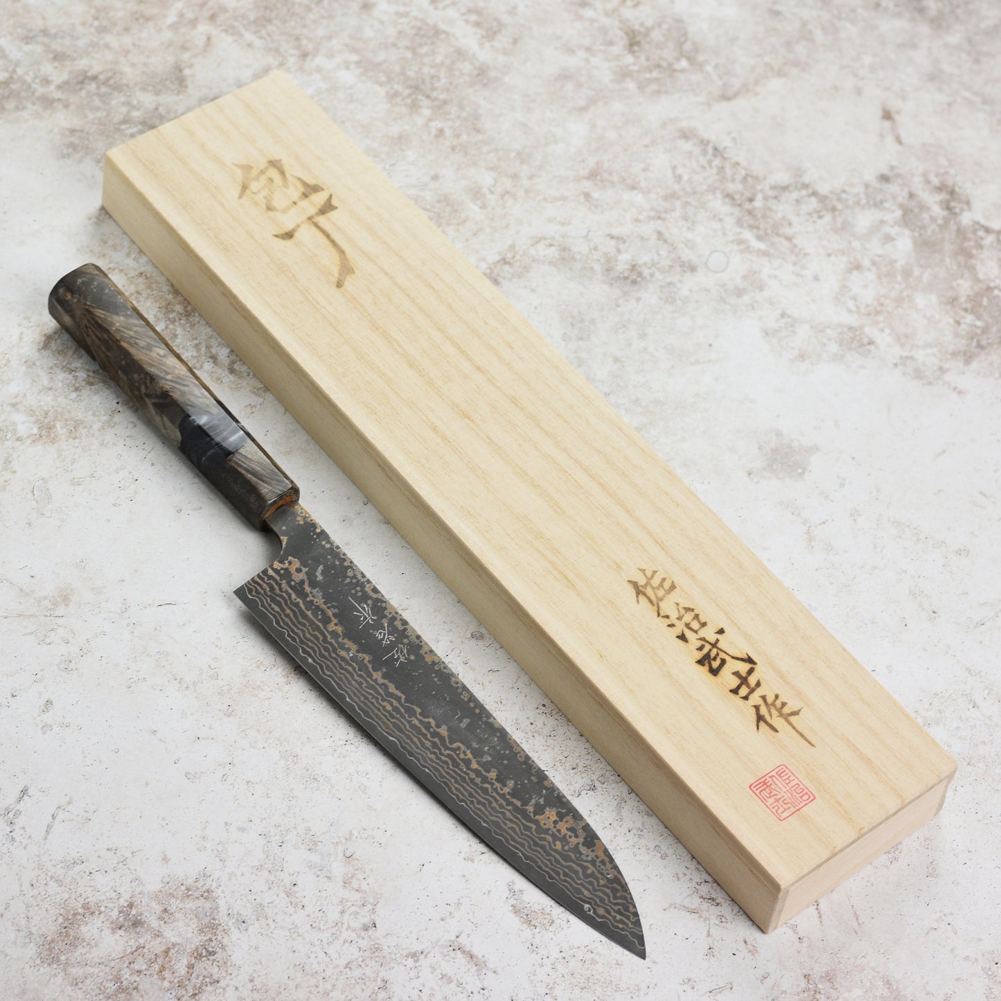 Saji Black Gold Damascus 8.25" Gyuto, Stabilized Birch