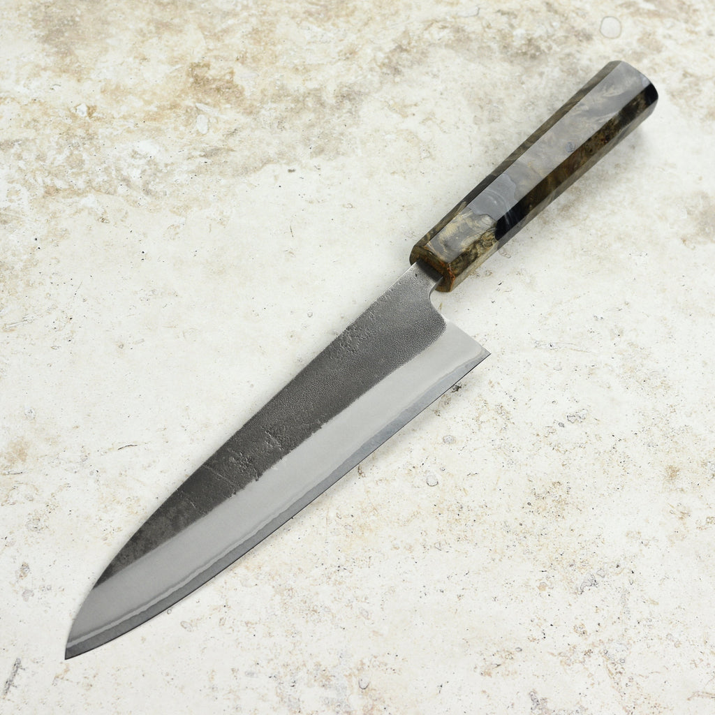 Yoshikane Shirogami #2 Kurouchi Stainless Clad 8.25" Gyuto, Stabilized Birch