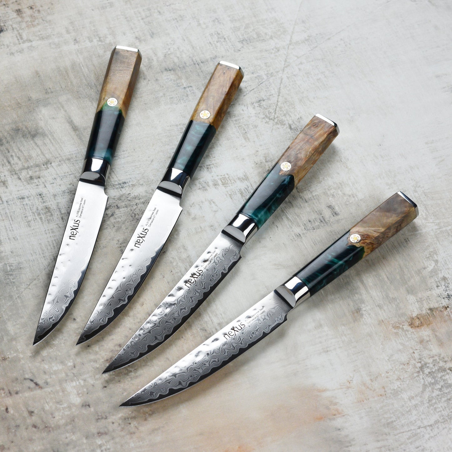 Nexus 4 Piece Damascus Steak Knife Set, Teal Resin & Stabilized Wood
