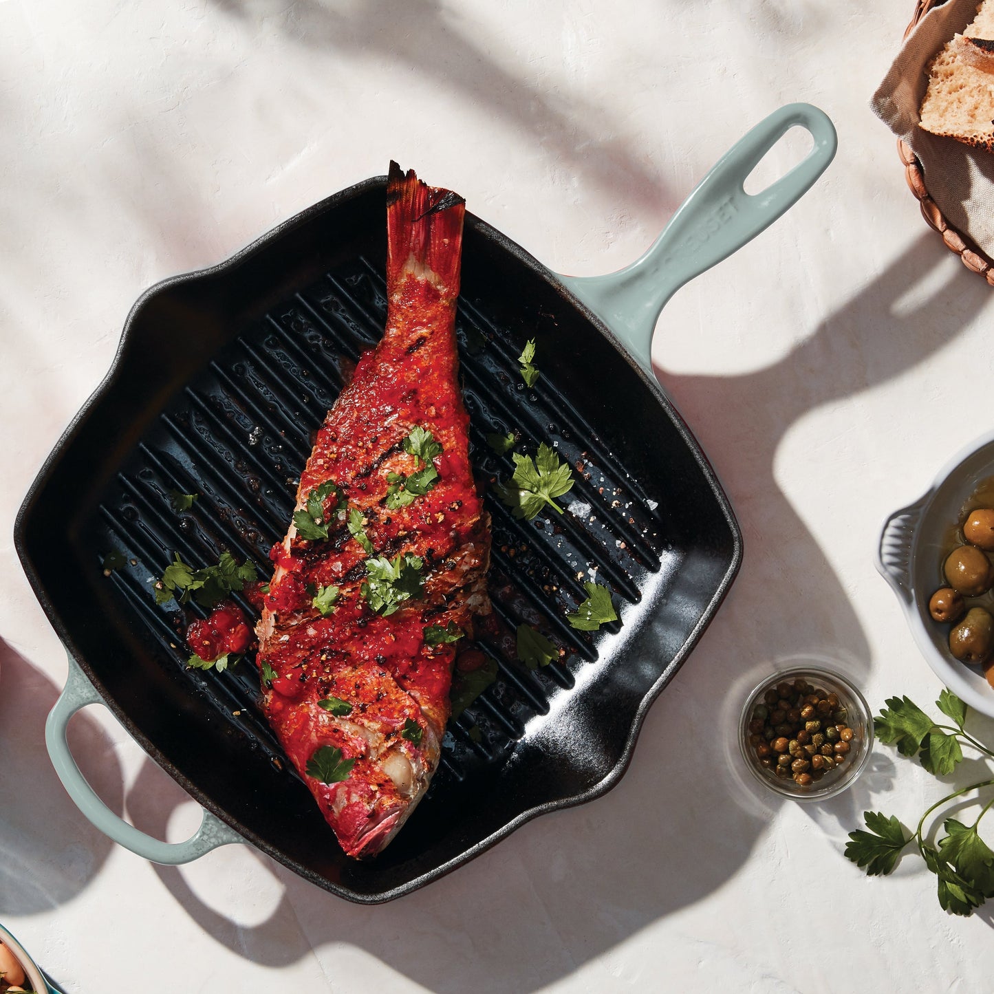 Le Creuset Signature Cast Iron 10.25" Sea Salt Square Grill Pan