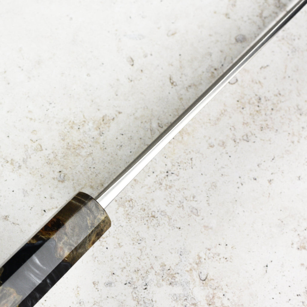 Yoshikane Shirogami #2 Kurouchi Stainless Clad 8.25" Gyuto, Stabilized Birch