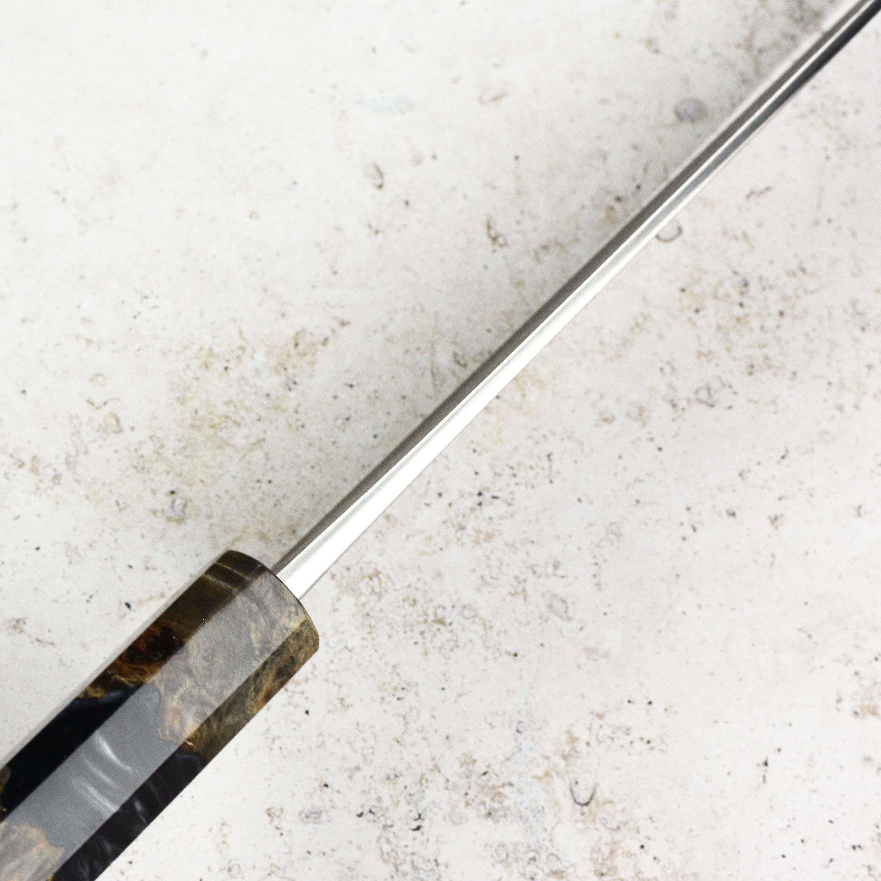 Yoshikane Shirogami #2 Kurouchi Stainless Clad 8.25" Gyuto, Stabilized Birch