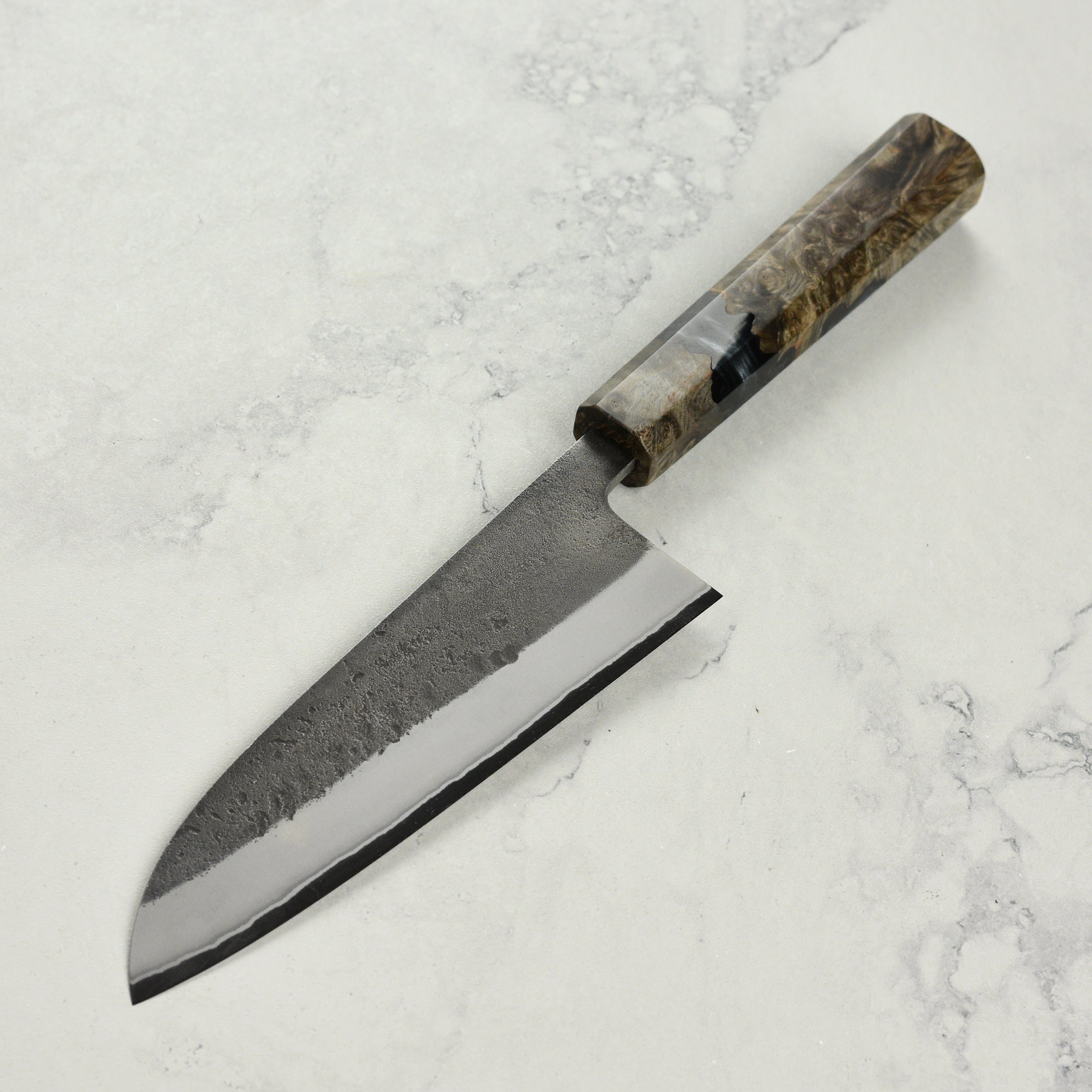 Yoshikane Shirogami #2 Kurouchi Stainless Clad 6.5" Santoku, Stabilized Birch