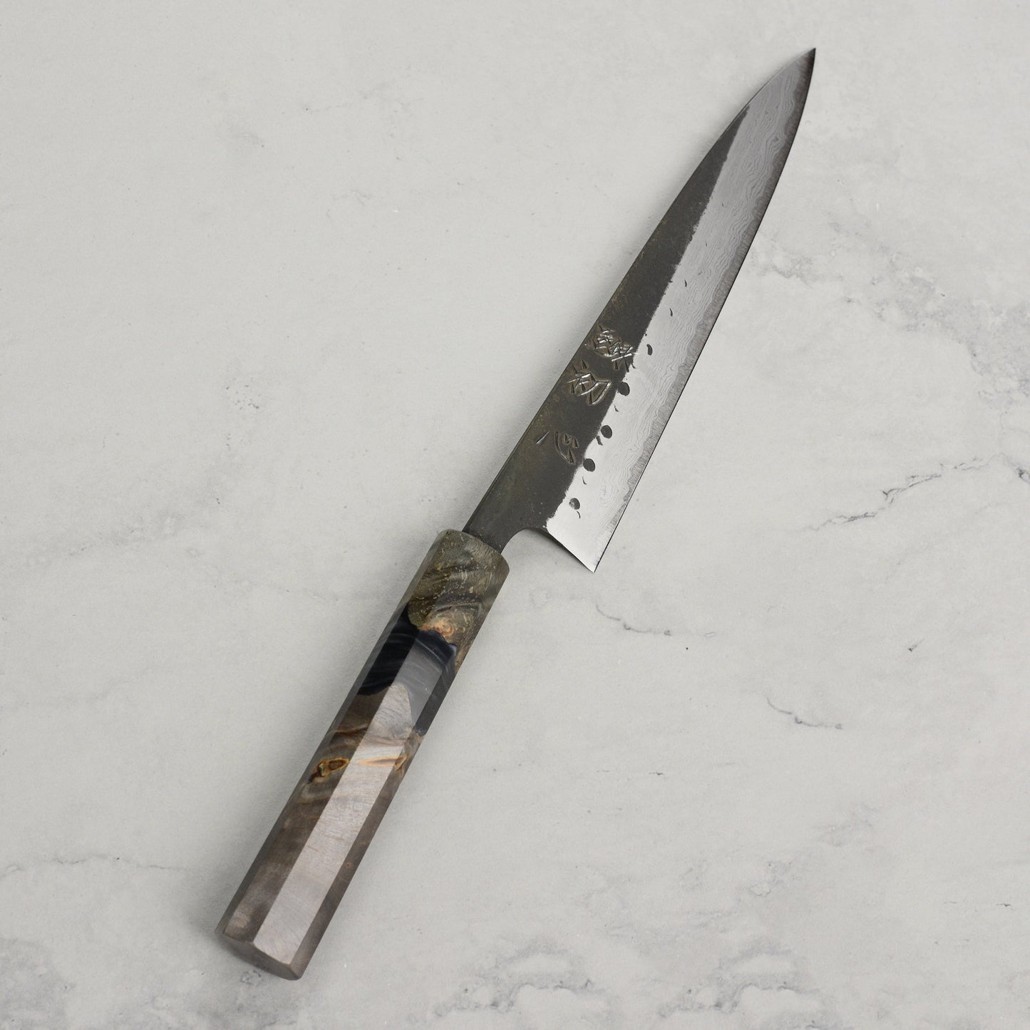Hatsukokoro Shinkiro Aogami Super Kurouchi Damascus 5.9" Petty, Stabilized Birch