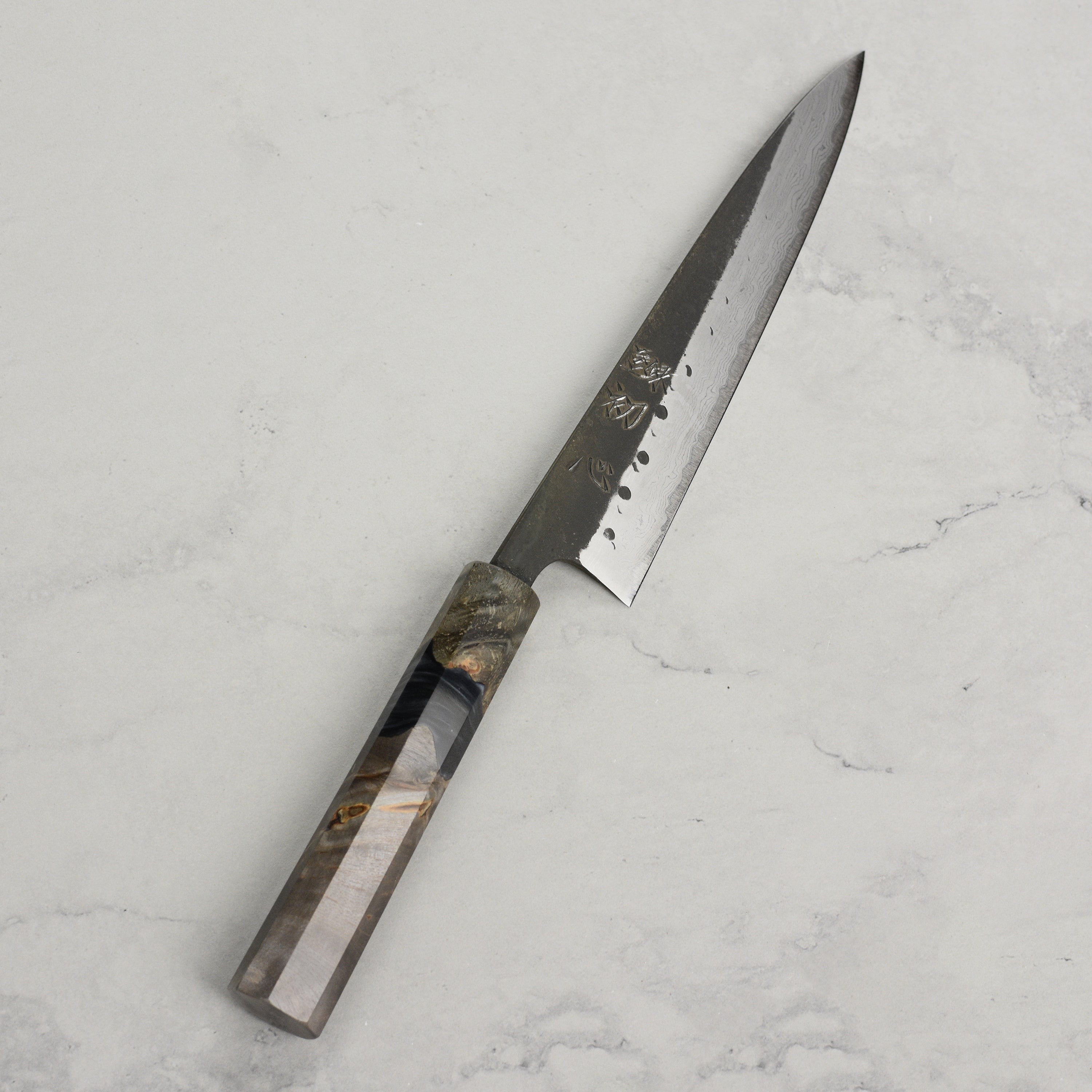 Hatsukokoro Shinkiro Aogami Super Kurouchi Damascus 5.9" Petty, Stabilized Birch