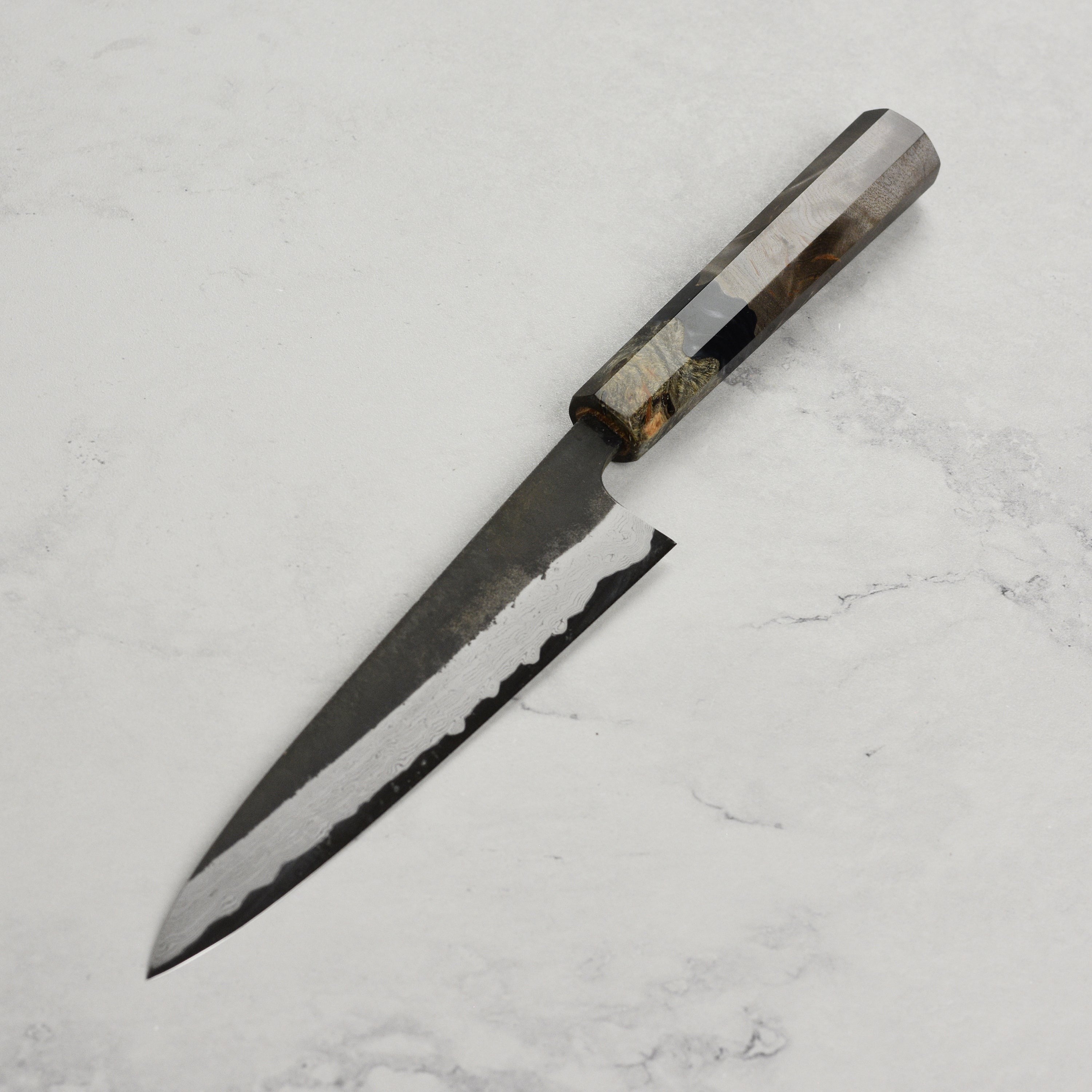 Hatsukokoro Shinkiro Aogami Super Kurouchi Damascus 5.9" Petty, Stabilized Birch