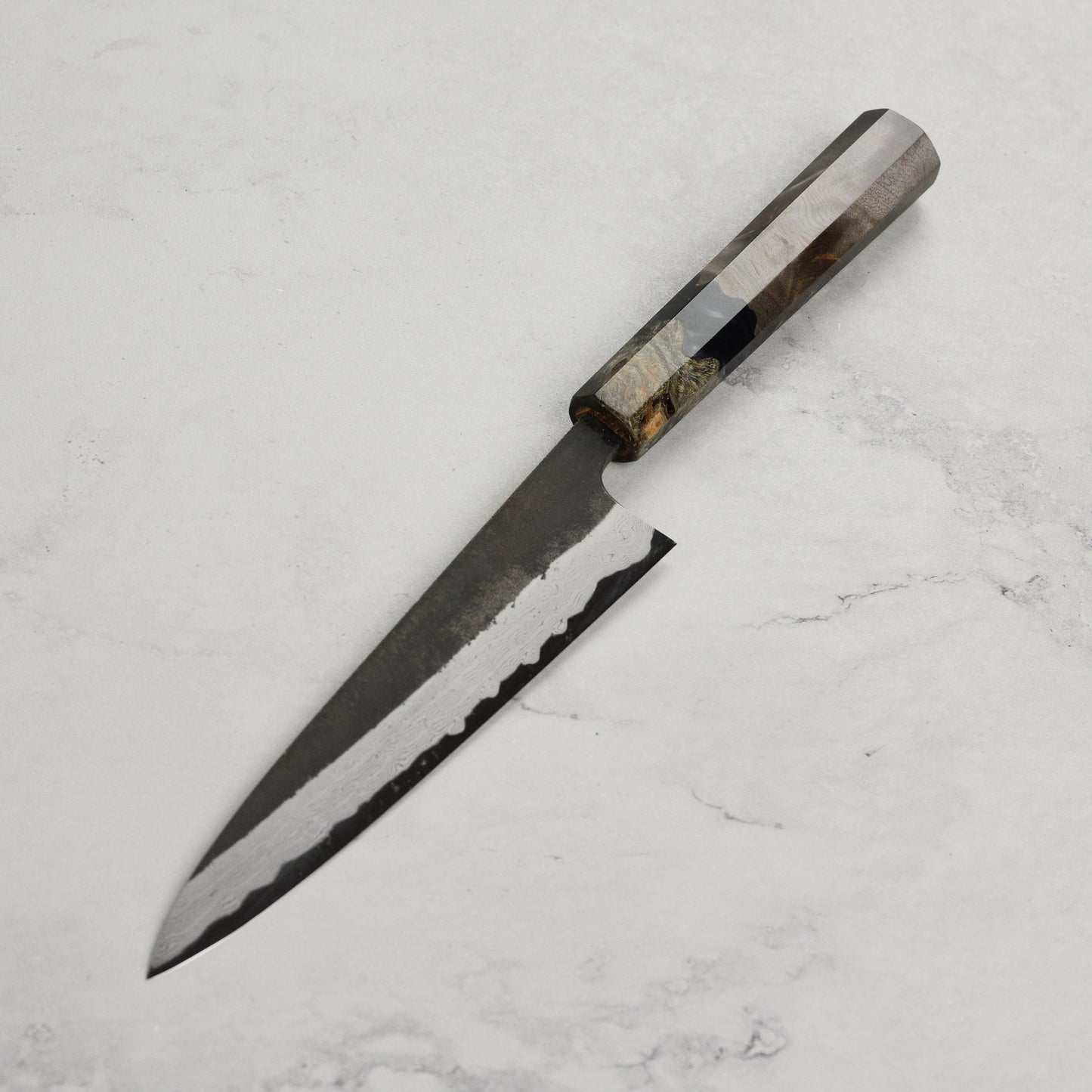 Hatsukokoro Shinkiro Aogami Super Kurouchi Damascus 5.9" Petty, Stabilized Birch