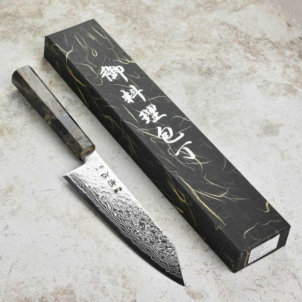 Hatsukokoro Ryuhyo SG2 Damascus 7" Bunka, Stabilized Birch