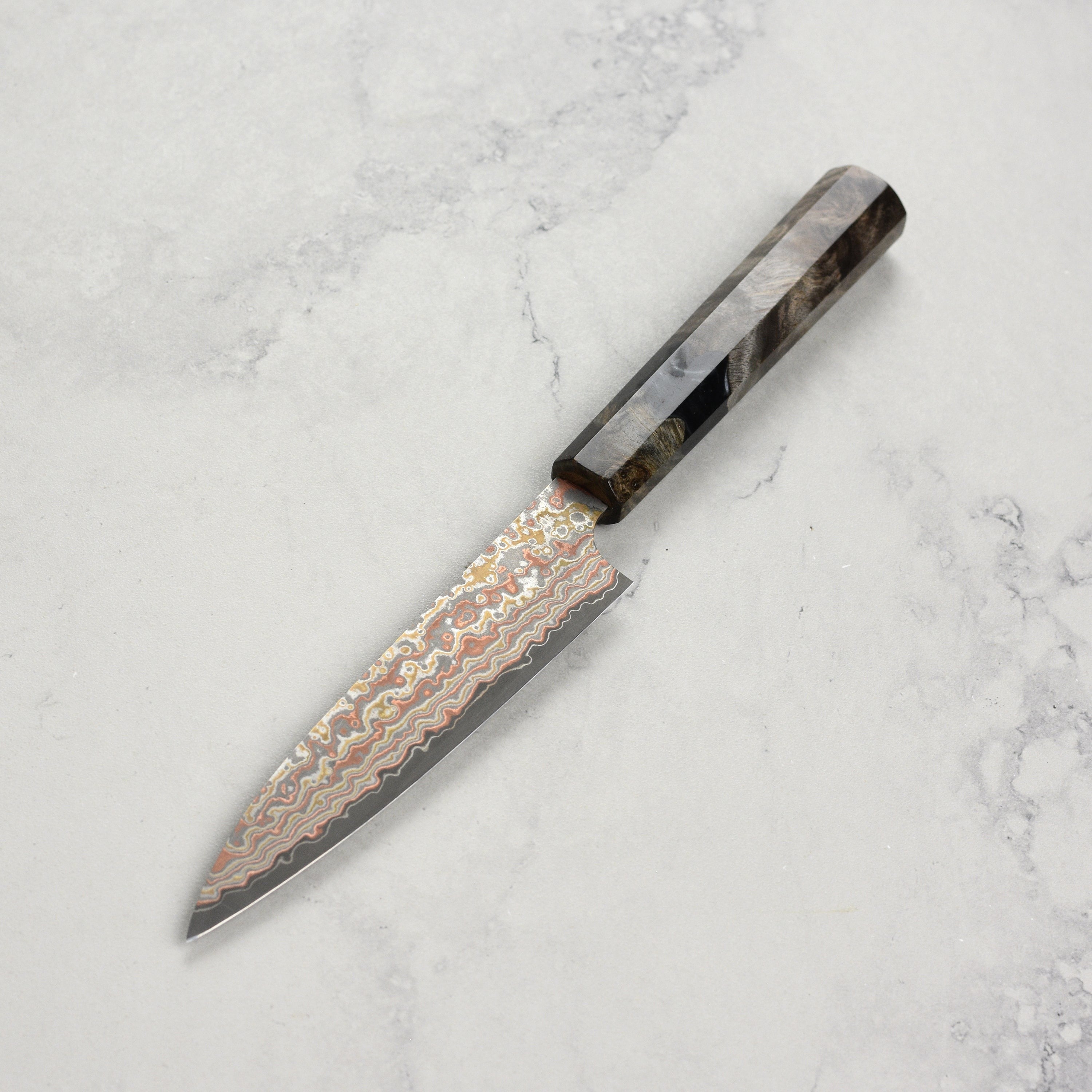 Saji Rainbow Damascus Nashiji 5.1" Petty, Stabilized Birch
