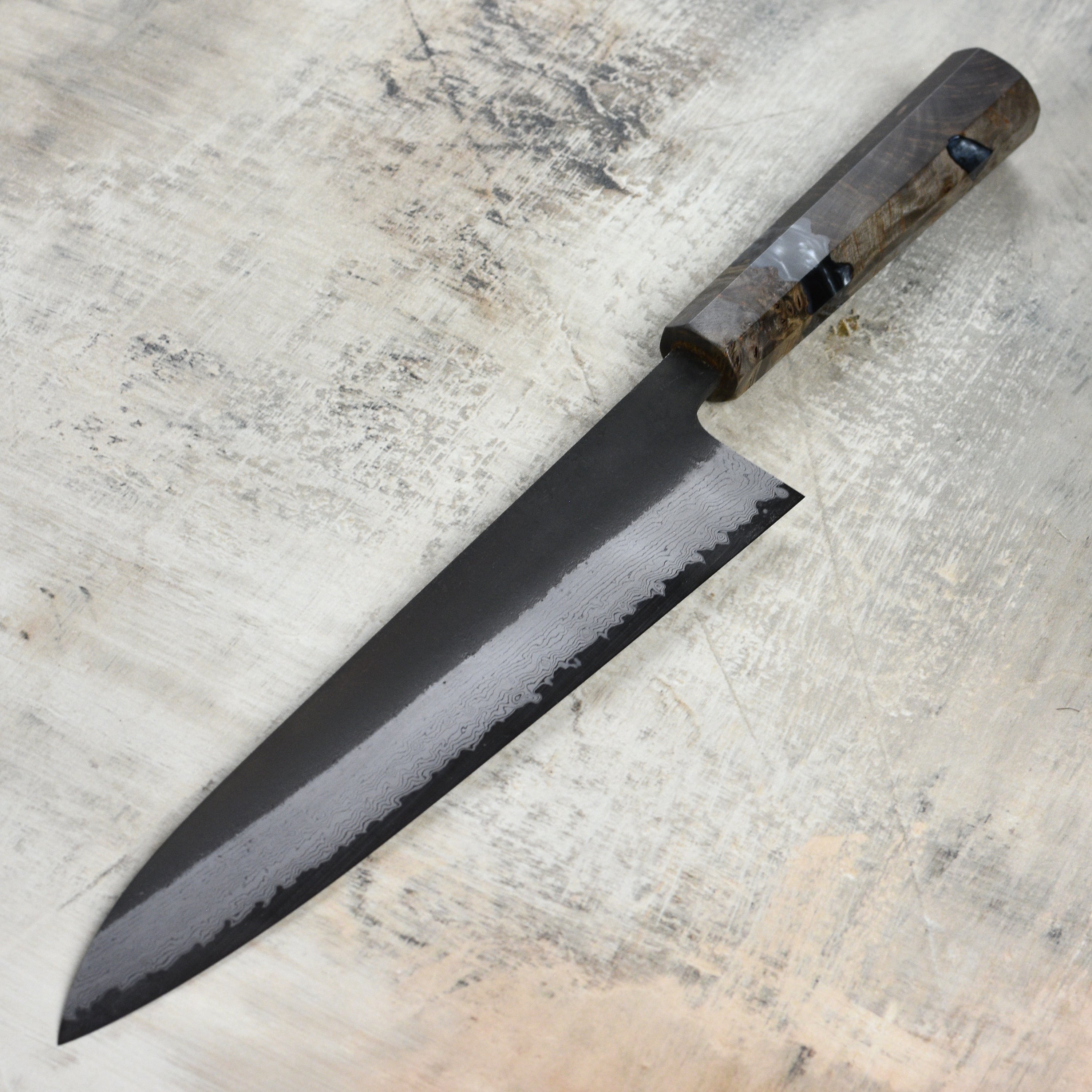 Hatsukokoro Shinkiro Aogami Super Kurouchi Damascus 9.4" Gyuto, Stabilized Birch
