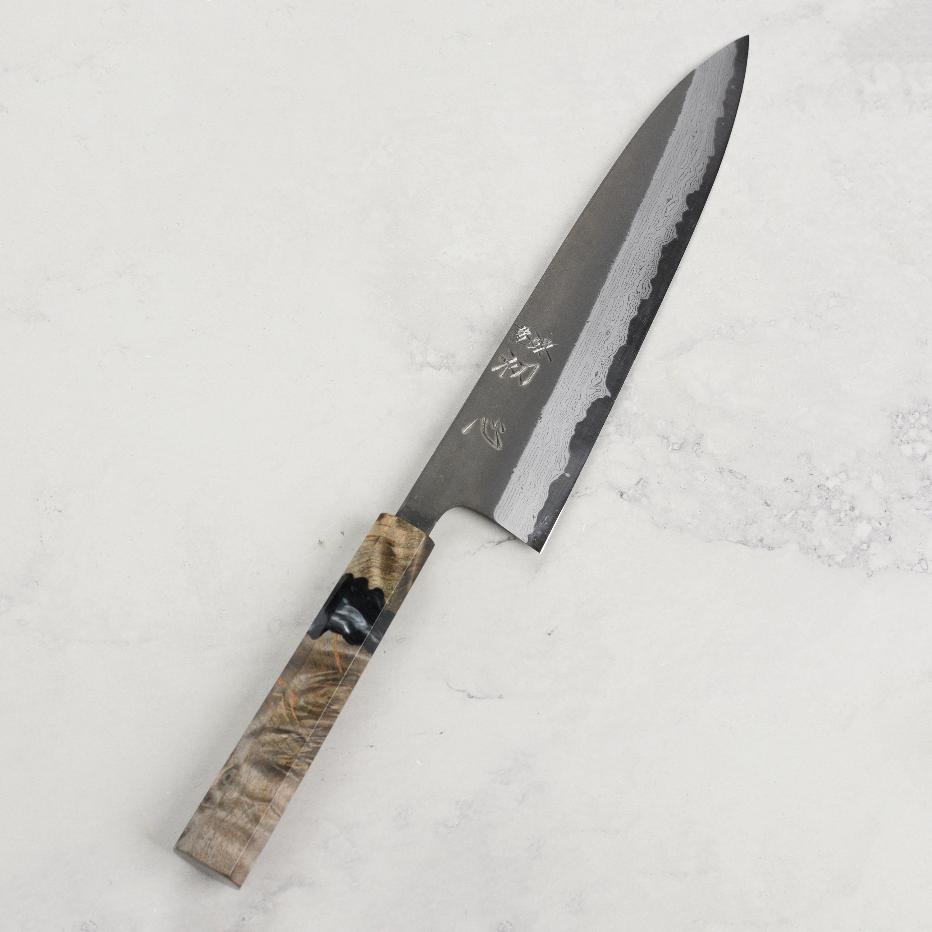 Hatsukokoro Shinkiro Aogami Super Kurouchi Damascus 8.25" Gyuto, Stabilized Birch