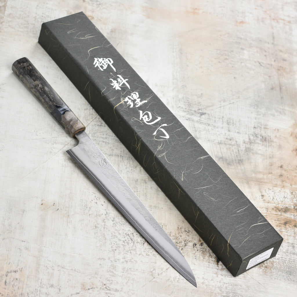 Yoshikane SKD Nashiji Stainless Clad 9.4" Sujihiki, Stabilized Birch