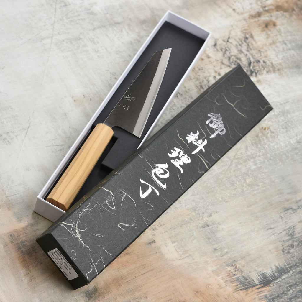 Yoshikane Shirogami #2 Kurouchi Stainless Clad 5.9" Honesuki, Olivewood