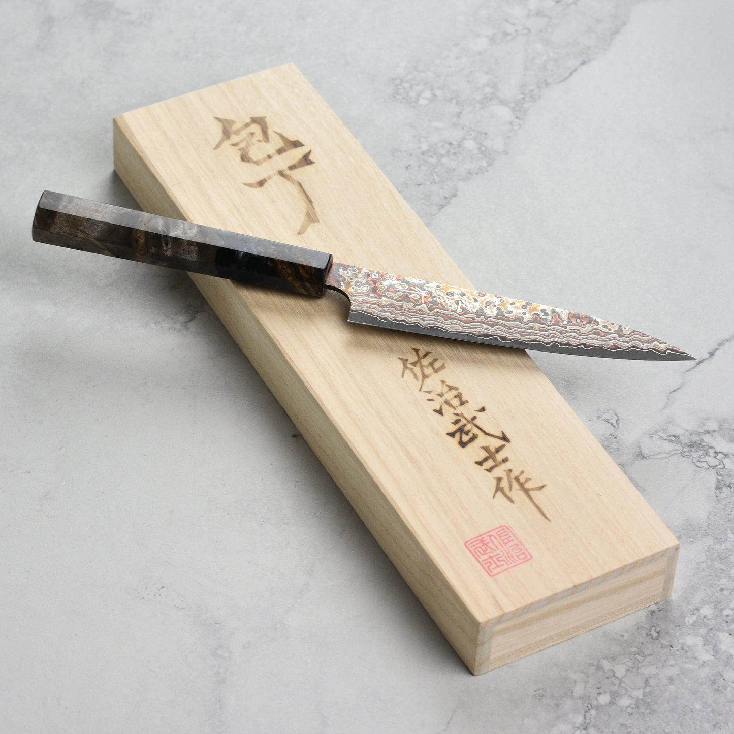 Saji Rainbow Damascus Nashiji 5.1" Petty, Stabilized Birch