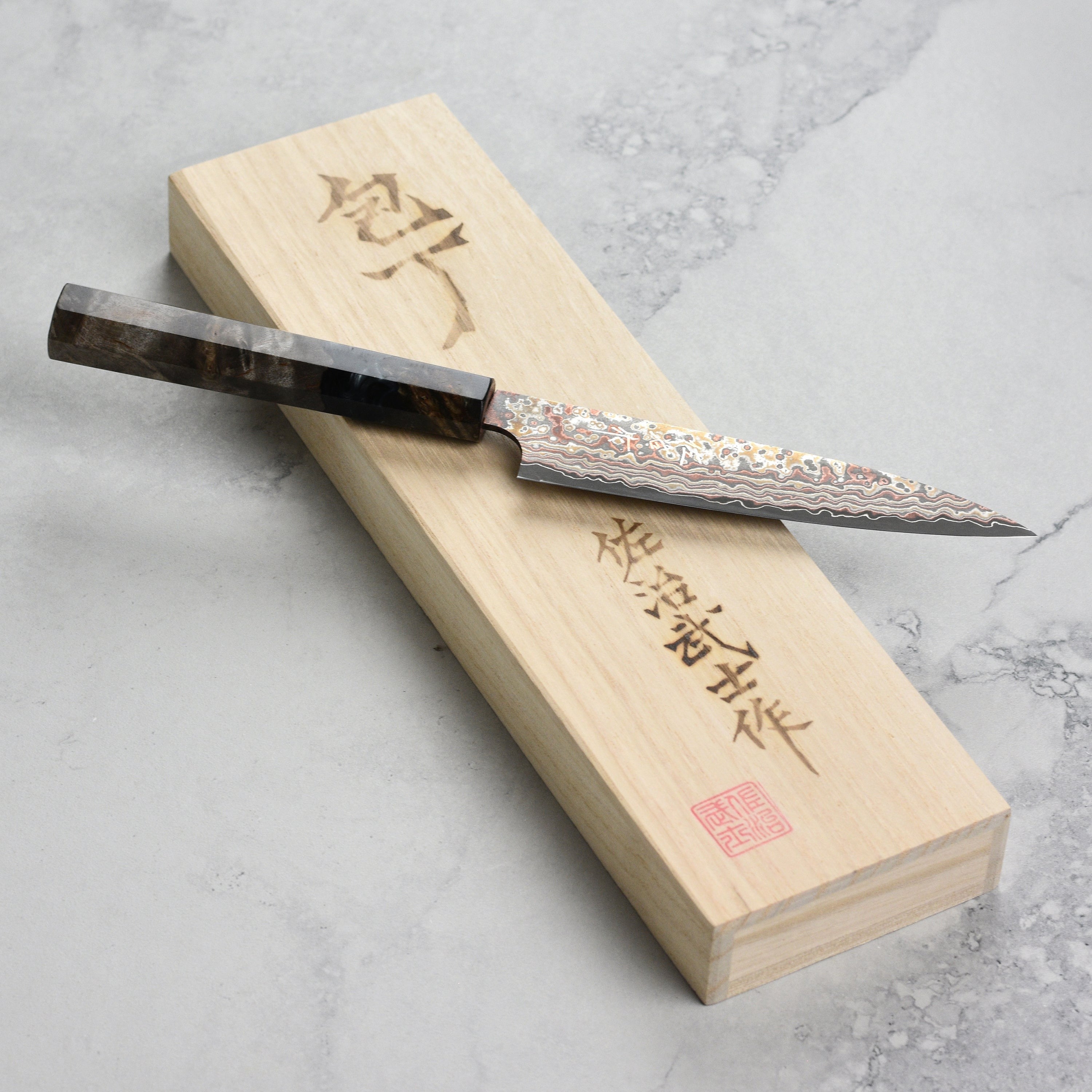 Saji Rainbow Damascus Nashiji 5.1" Petty, Stabilized Birch