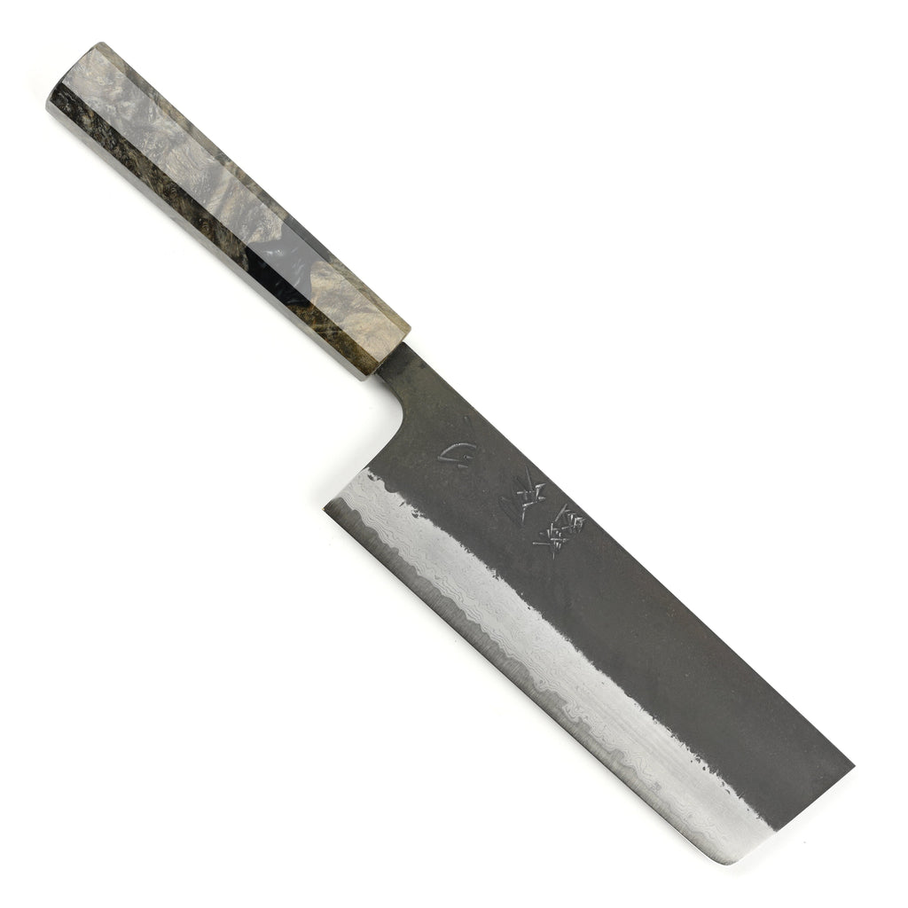 Hatsukokoro Shinkiro Aogami Super Kurouchi Damascus 6.5" Nakiri, Stabilized Birch