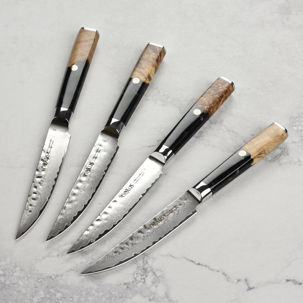 Nexus 4 Piece Damascus Steak Knife Set, Black Resin & Stabilized Wood
