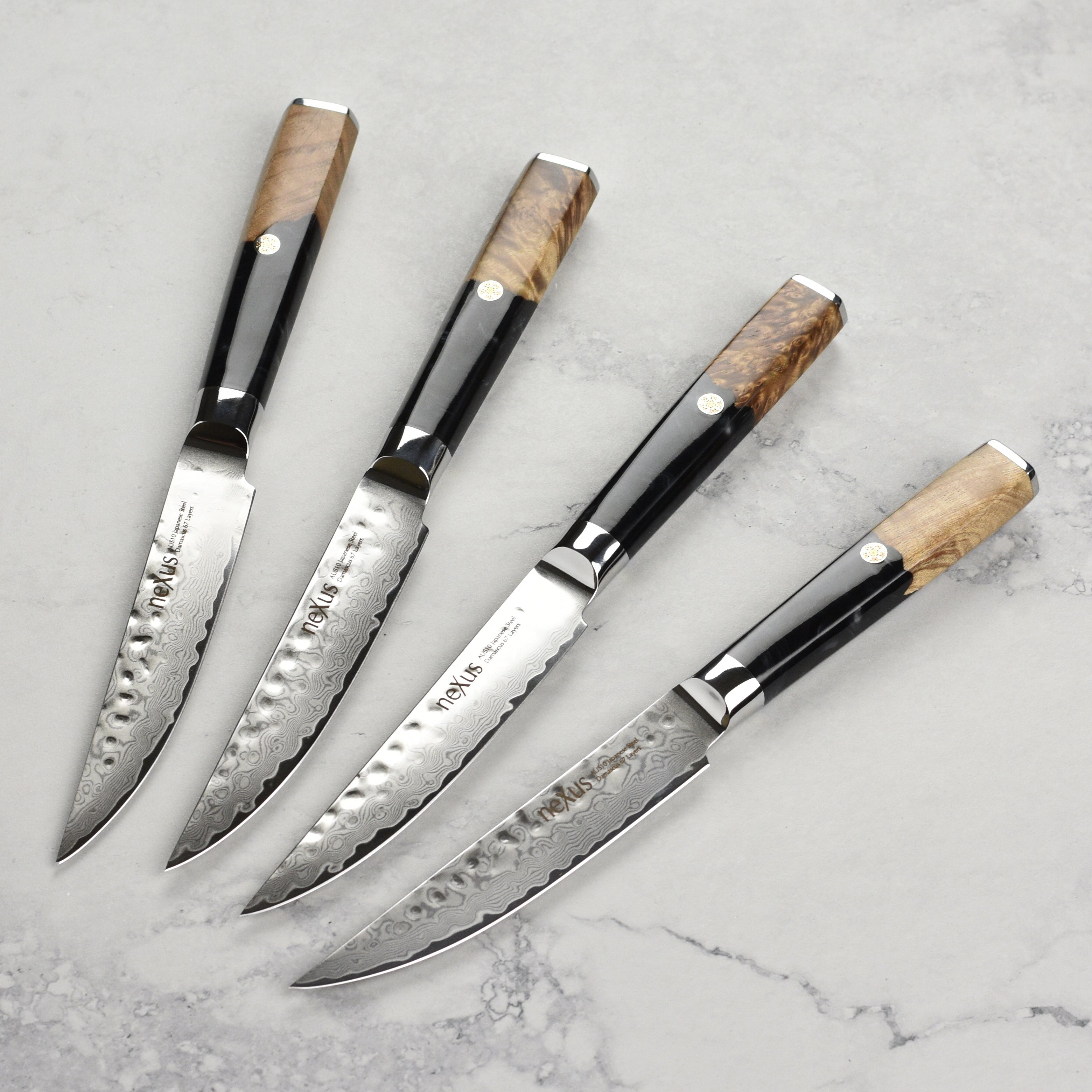 Nexus 4 Piece Damascus Steak Knife Set, Black Resin & Stabilized Wood