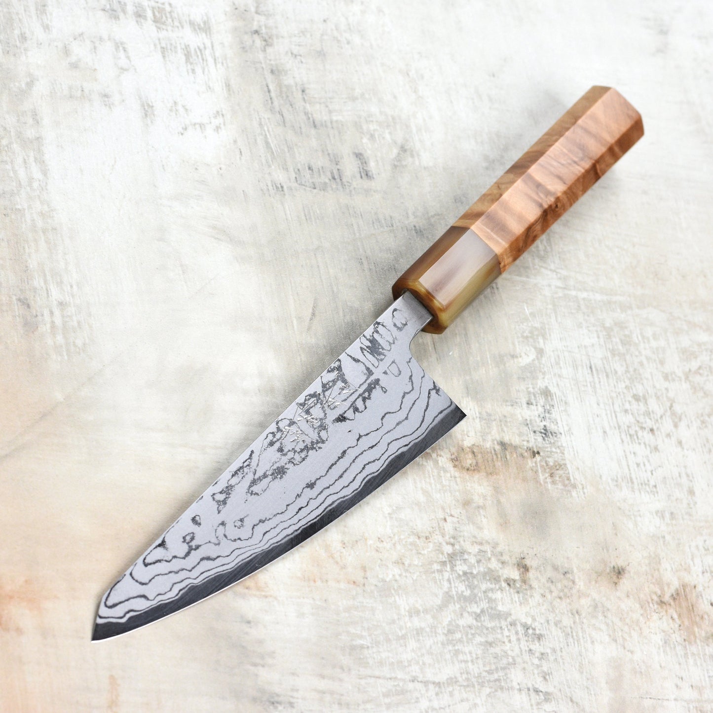 Shiro Kamo Shirogami #2 Damascus 5.9" Kiritsuke Petty